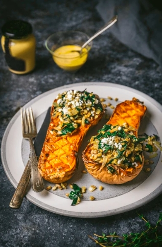 Glazed butternut squash with pink pepper vinaigrette